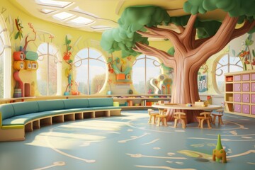 Well-lit Kindergarten interior room. Color indoor. Generate Ai - obrazy, fototapety, plakaty