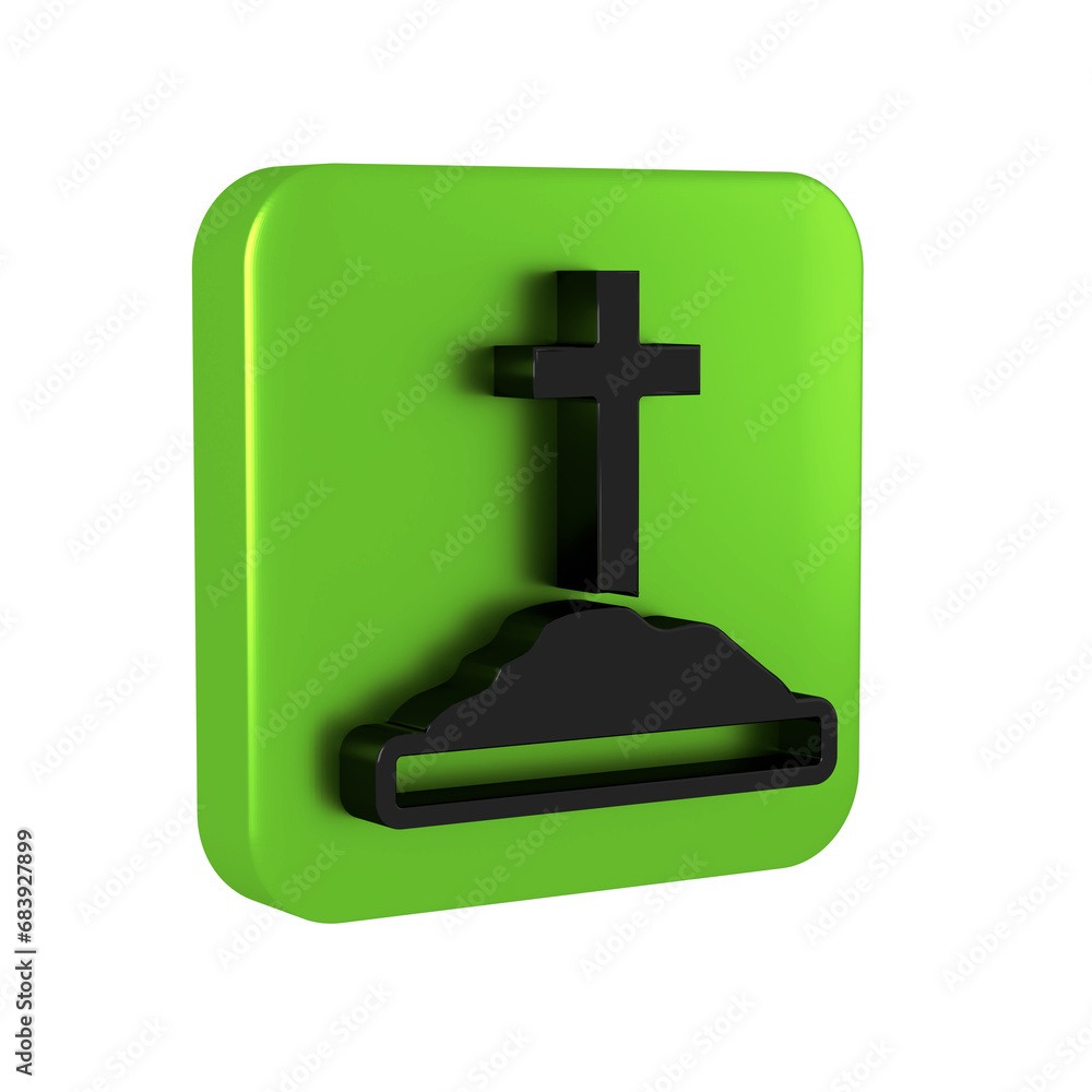 Poster black grave with cross icon isolated on transparent background. green square button.