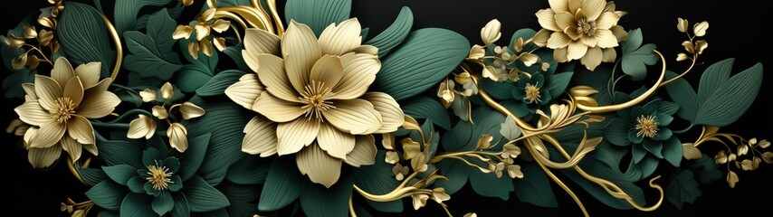 Golden Flowers and Green Leaves 3D Wallpaper Mural on Black Background
