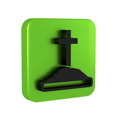 Black Grave with cross icon isolated on transparent background. Green square button.