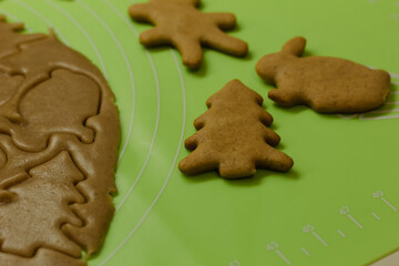 The process of making gingerbread cookies. Brown dough with the aroma of various spices. Festive...