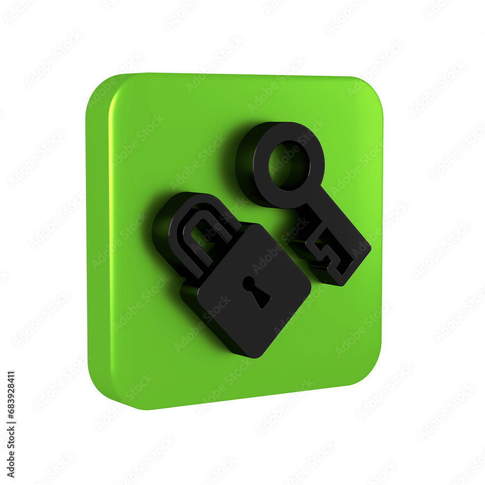 Poster black lock with key icon isolated on transparent background. love symbol and keyhole sign. green squ