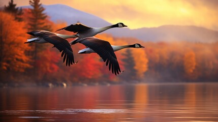 A squadron of geese flying in perfect V-formation against a backdrop of fiery autumn foliage, their synchronized flight a marvel to behold. - obrazy, fototapety, plakaty