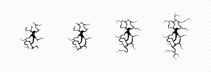 Vector cracks in the ground. Set of various cracked png. Cracks or breaks in the surface. Damaged ground, surface.