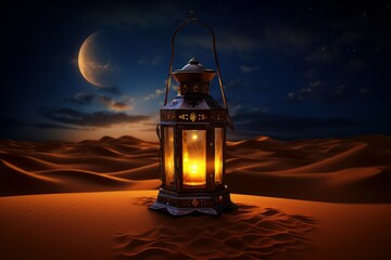 Weathered Ramadan lantern in desert. Islamic crescent star. Generate Ai