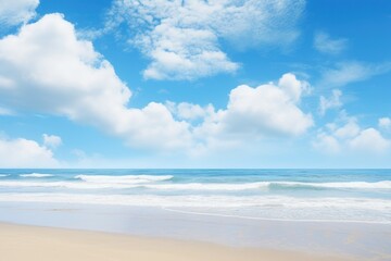 Fototapeta na wymiar Glittering Ocean beach blue sky day. Relax horizon. Generate Ai