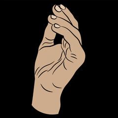 Raised up human hand in pinch or snap gesture. Cartoon style. On black background.