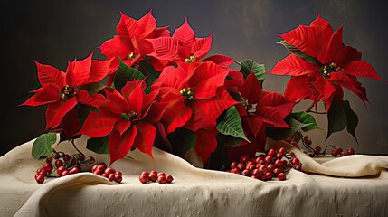Vivid crimson poinsettias and dark green holly leaves, arranged on a soft beige canvas. Merry Christmas card.  - obrazy, fototapety, plakaty