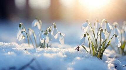 Winter sun casting a glow on a bed of pale blue snowdrops and silver leaves on an ivory background. 