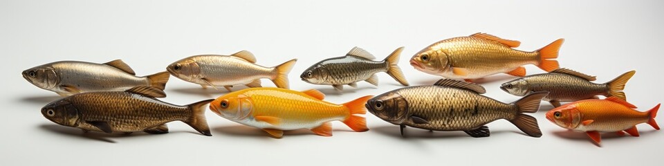 Fototapeta premium Colorful Group of Nine Fish Against White Background