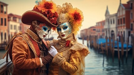stockphoto, stockphoto, portrait of coupleduring carnival in venice. Must-see place in Italy, europe. Beautiful costumes during carnival celebration in Venice, Wonderful almost magical atmoshpere, moo - obrazy, fototapety, plakaty