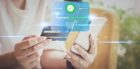 Digital online payment concept, Woman holding using smartphone and credit card to make online payment, Technology online banking applications via internet network, financial transaction concept.