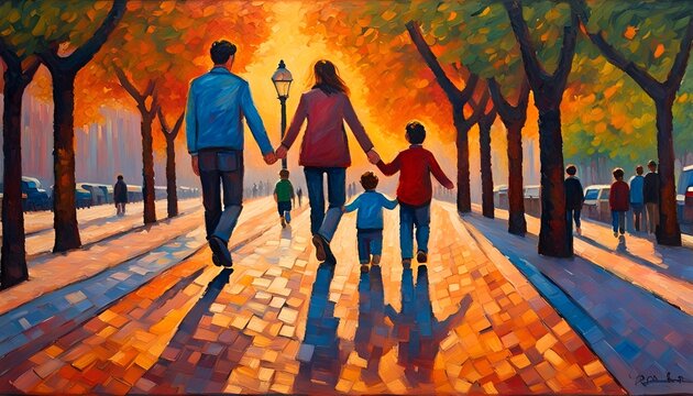 Familia paseando por un parque al atardecer de verano