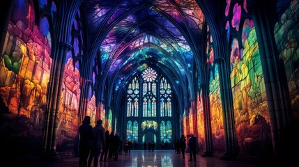 A tapestry of colors illuminating an ancient cathedrala??s stained glass, painting the space with ethereal hues. - obrazy, fototapety, plakaty