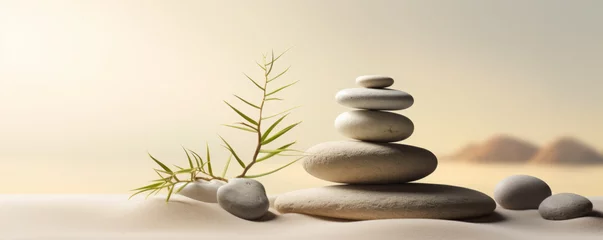 Fotobehang Stacked zen stones sand background art of balance concept banner © Natalia Klenova