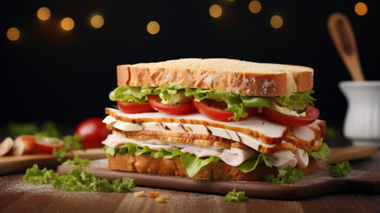 Big sandwich with baked turkey, green salad, tomato and cucumber slices on dark background.