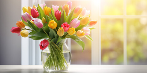 A bouquet of multi-colored tulips in a vase on a table near the window, spring background in light colors with copy space, without people