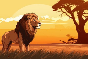 Expansive Lion african savanna background. Animal park. Generate Ai