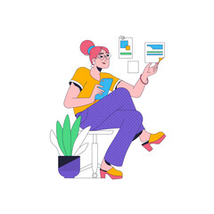 Woman reviewing whiteboard calendar schedule in office. Line vector illustration
