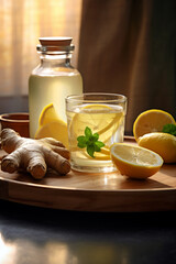 healthy ginger tea with lemon, Natural cold and flu home remedies.