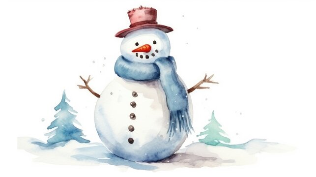 cute watercolor snowman on white background,winter character for holiday design
