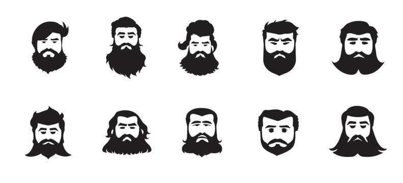 Hipster Handsome Bearded Men Faces Set. Men Faces with different Haircuts and Bearded Vector for Barbershop on a Transparent Background 
