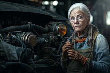 Engineer old woman car motor assembly shop. Service mechanic. Generate AI - obrazy, fototapety, plakaty