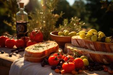 Olive oil in bottle, bread and vegetables on table outdoors. Picnic in nature