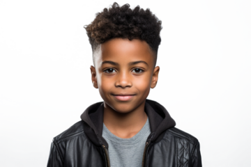 Happy multiracial boy isolated on white background. Portrait of black boy looking at camera. African american child