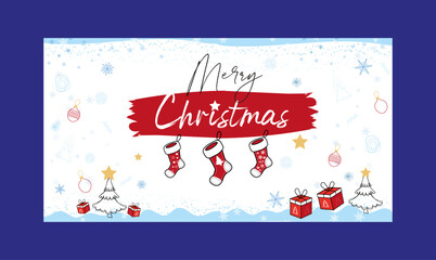 Naklejka premium Merry Christmas card design with tree socks and gift, winter design