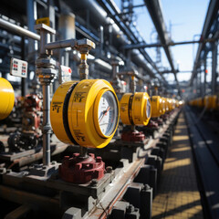 Measurement instrument for gas pressure. Yellow pressure gauge mounted on pipeline.