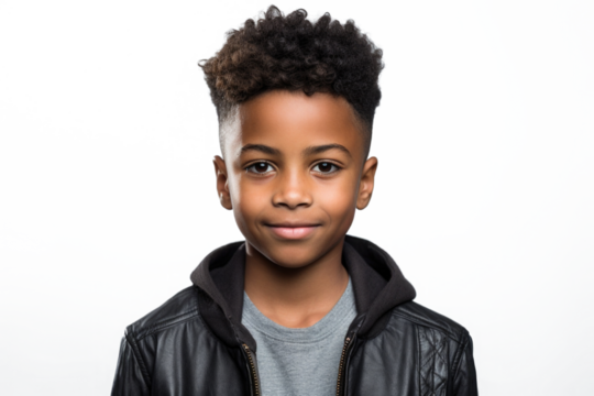 Happy multiracial boy isolated on white background. Portrait of black boy looking at camera. African american child