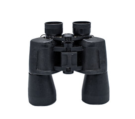 A pair of black rubber grip metal binoculars isolated on white background.  Well worn, used, dirty full of sand from being out in the field viewing wildlife.  Top view