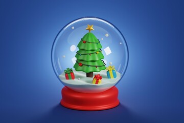 3D rendering of a glass snow globe Christmas decorative dark ball on a blue background