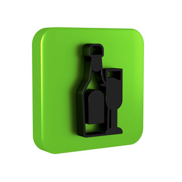 Black Champagne bottle with glass icon isolated on transparent background. Green square button.