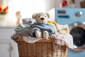 A stack of neatly folded baby clothes, including a teddy bear, creates a cozy and adorable scene. - obrazy, fototapety, plakaty