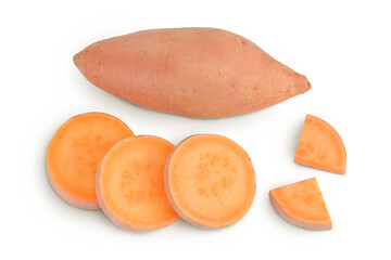 Sweet potato with slices isolated on white background. Top view. Flat lay
