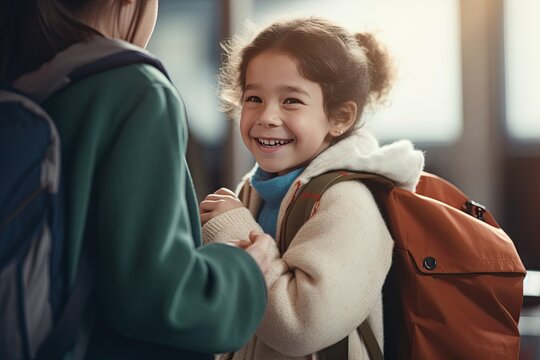 Happy Mother And Daughter Walk Home From School, Sharing Caring Bond And Joyful Moments.