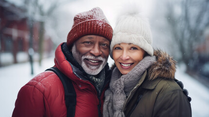 Snowy Romantic Winter Escapades: Multiracial Mature Couple, Him Black, Her White, Expressing Diverse Love, Christmas Valentine's, and Ageless Affection