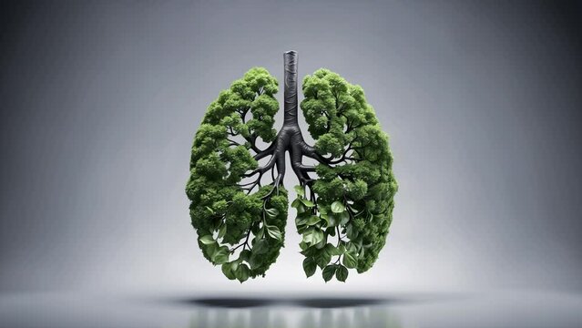 Breathing human lung full of leaves, lush leafy greenery, forest tree branches. Conceptual video environmental eco, pollution free clean air, health care. Awareness of climate change, earth protection