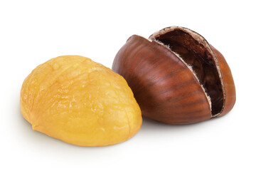 roasted peeled chestnut isolated on white background wit full depth of field.