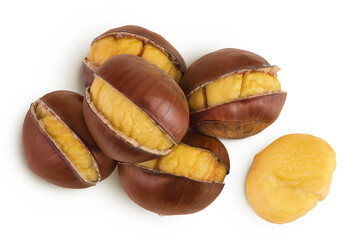 roasted peeled chestnut isolated on white background wit full depth of field. Top view. Flat lay