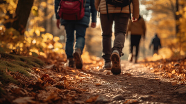 A group of tourists walks along an autumn path in the forest. Boots close up.