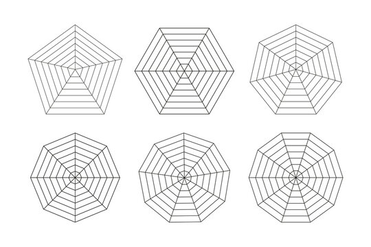 Radar, spider diagram template. Spider mesh. Polygon graphs. Diagram for statistic and analytic.  Blank radar charts. Simple coaching tool. Grid with segments. Vector flat illustration.