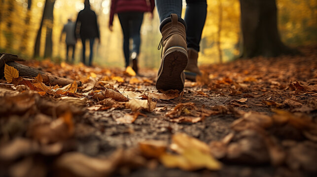A group of tourists walks along an autumn path in the forest. Boots close up.