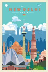 New Delhi city vintage poster vector illustration, India.	