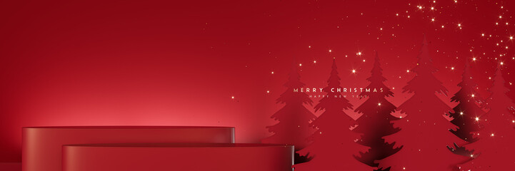 Empty red Christmas podiums for product presentation. Red Christmas background with mockup space and decoration. 3D Rendering, 3D Illustration