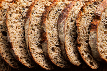 Slices of traditional sourdough bread, close up view.