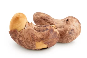 Fotobehang cashew nuts heap with shell isolated on white background © kolesnikovserg