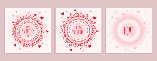 Set of three square greeting cards for Valentine's Day with flowers and hearts. Romantic vector illustration
